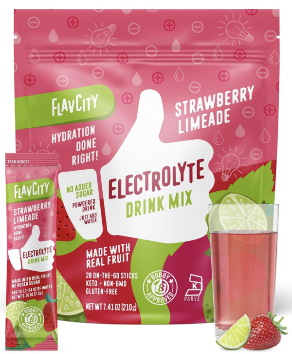 FlavCity Strawberry Limeade Electrolytes Powder Packets - 28 Hydration Packets - No Added Sugar - Hydration Powder with Real Fruit & Unrefined Sea Salt - Keto & Gluten-Free (28 Stick Packs)